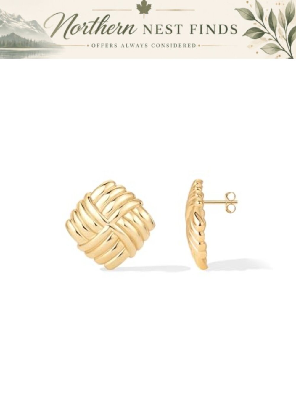 14K Gold Plated Chunky Vintage Stud Earrings Textured Ribbed